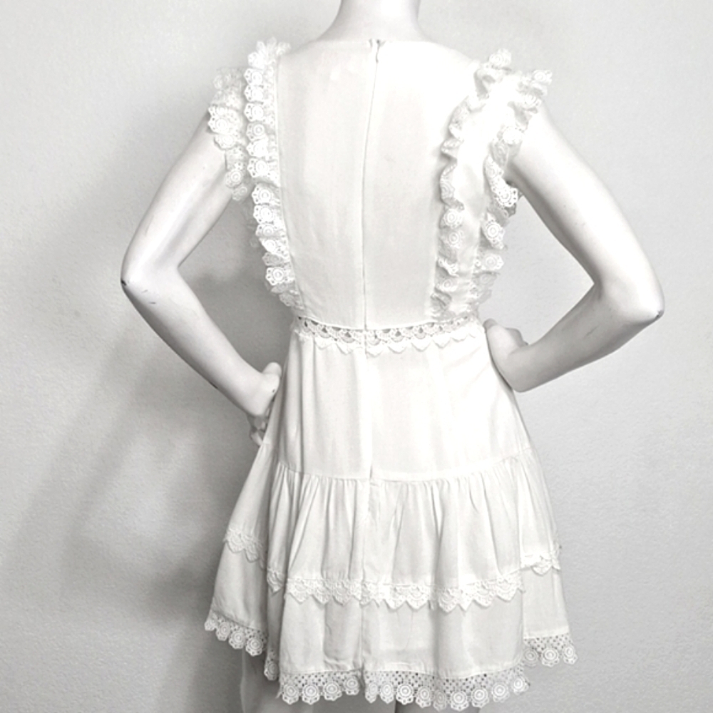 Entro White Ruffle Eyelet Coquette Romantic V-Neck Cottagecore Mini Dress Size L - Picture 9 of 16